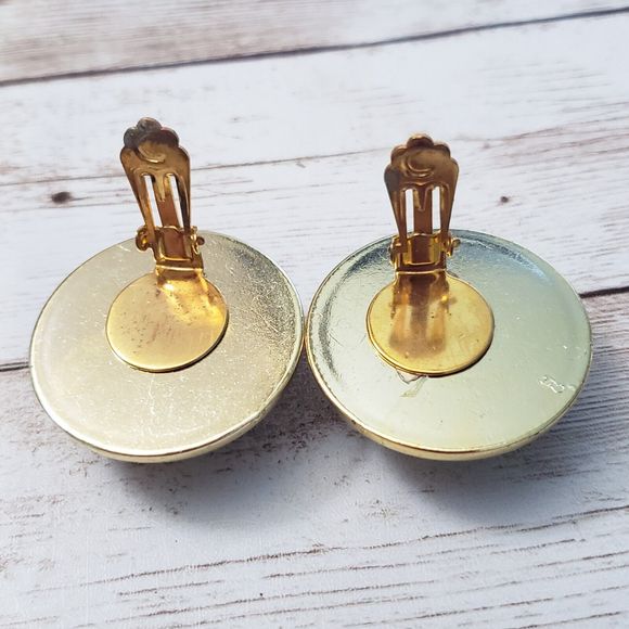 Vintage Clip On Earrings - Domed Matte Gold Tone Center with Gold Tone Halo - Picture 3 of 6